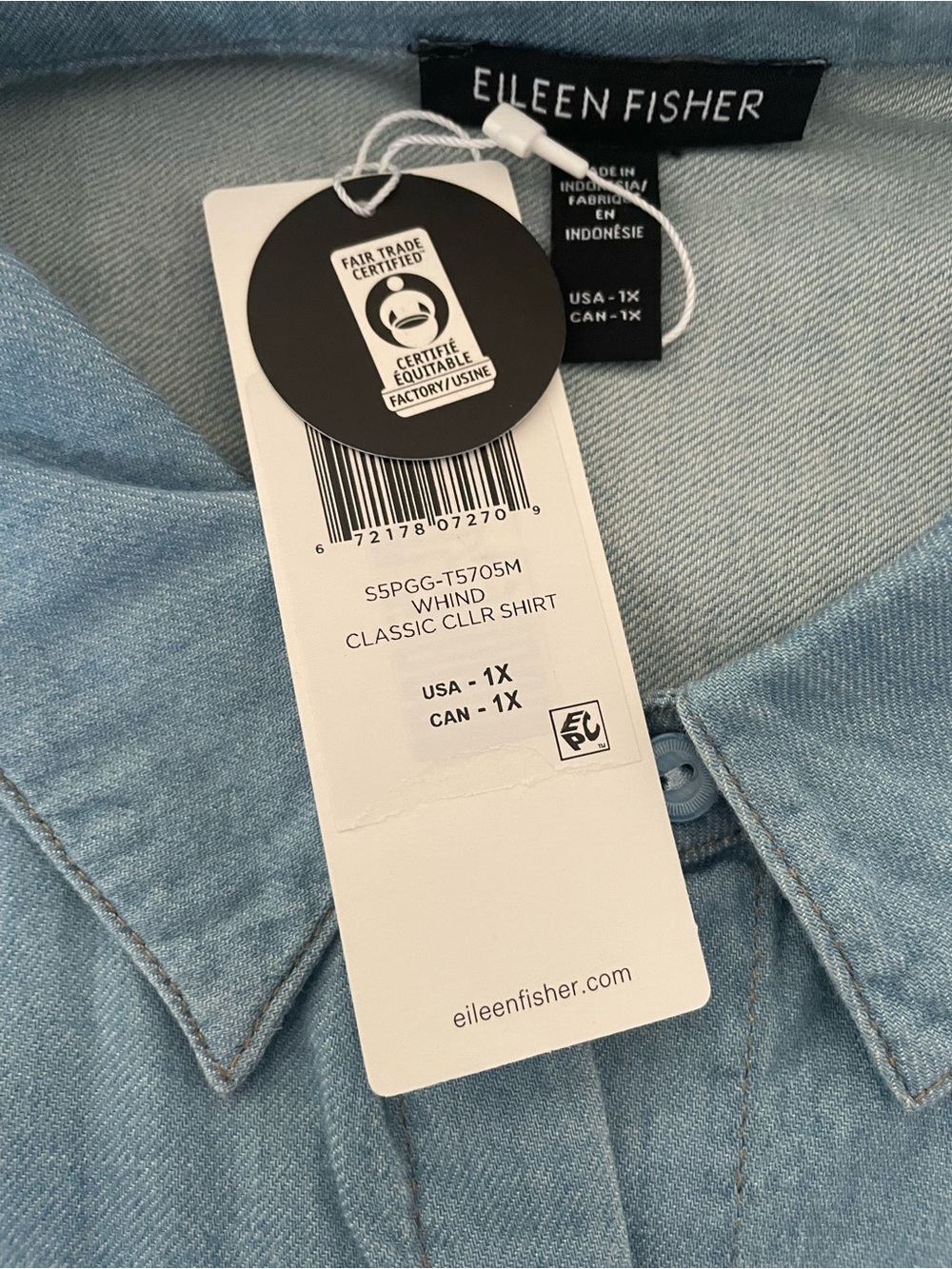 Eileen Fisher Airy Organic Cotton Twill Classic Collar Shirt in Washed Indigo 1X - Picture 3 of 7